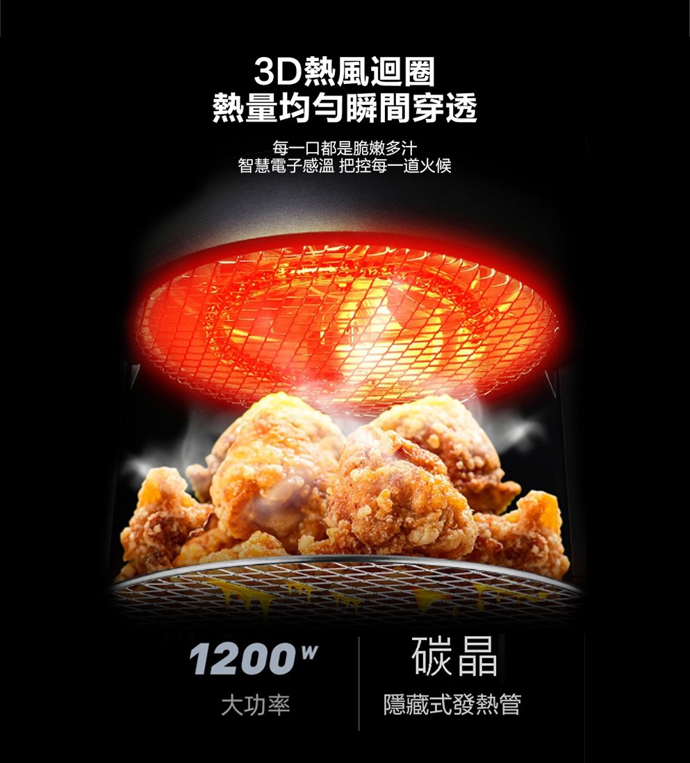 3D熱風迴圈熱量均勻瞬間穿透每一口都是脆嫩多汁智慧電子感 把每一道火候1200W大功率碳晶隱藏式發熱管