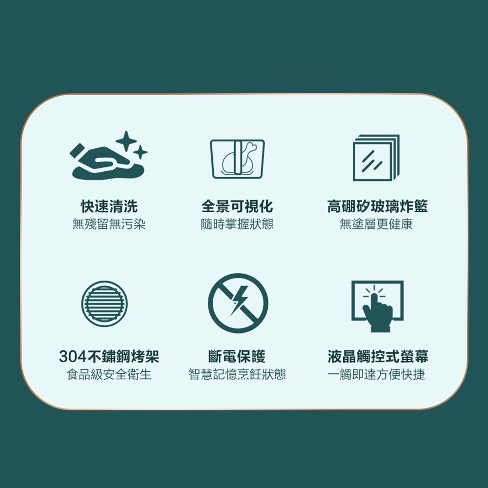 快速清洗無殘留無污染全景可視化隨時掌握狀態高硼矽玻璃炸籃無塗層更健康304不鏽鋼烤架食品級安全衛生斷電保護智慧記憶烹飪狀態液晶觸控式螢幕一觸即達方便快捷