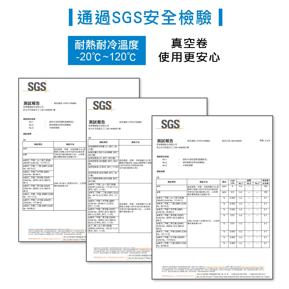 過安全 耐熱耐冷溫度0真空卷使用安心 SGS旺股工三623半透明物報告 HTF2882電通公司北市五工三路116巷61測試結果11方法SGS測試報告編號 HTF21700882報告期 2108/2  5测试方法   旺德電通股份有公司新北市五股區五工三路116巷5號1樓方法檢 107年10月41071901983號電漿發射光儀計4 30分鐘 EHP    CAS 84742  CAS   CAS  26761-40-0 68515-驗 DINPCAS  28553-1068515- CAS 131-11-3  DPCAS No 117-84-0  CASNo  101年分析测试部位30分鐘9530分方法-PA透明/半透明樣品107年9月21日食字-1號公告。透明塑接觸半透明分鐘 20酒精 30分鐘2-DEHP CAS No117-81-7 C   CAS No 84-74-2庚 1  CAS No 1 DOPCAS No 26761-40-0.68515-49-1) 25℃1)鄰 DNP)CAS No28553-12-0 68515-更25℃1小時)(2-乙基己基)(DEHA) (CAS No )(食品包裝方法-(107年10月4日食字第1071901983號)層析質譜儀分析。測試結果(1)測試結果测试方法食品單位 23食品包裝方法-之檢驗 (107年10月4日食第1071901983號公告)、耦合電漿發射光譜儀分析。5.-100 .-100 (DEHP) (CAS NO 117-81-7  ( CASNo 84-74-2)鄰(BBP) -% 0.003 -(CAS No 85-68-7)鄰 ()|(CAS No:26761-40-068515-49-1)%0.010.1 (DINP)|(CAS No: 28553-12-068515-48-0)|CNS (民國101年)析譜分析。0.01nd-0.1SGS   25  Chuan 7 新北市五股區新北五  檢驗股份有限00 No.   Chuan  oad R|  DMP (CASNo:131-11-3)鄰正 ()(CAS No 117-84-0)| * {} (CASNo.: )%0.003 .0.0030.003nd-0.10.1新北市五股區新區五路25號  (02) F+ (02)2299-3237SGS  限| No. 25. Wu  . New   . Wu u District New Taipei  Taiwan