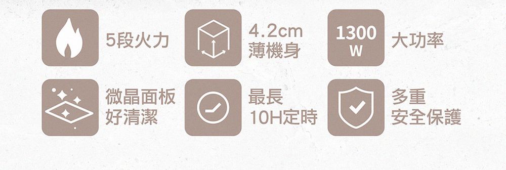 4.2cm5段火力1300大功率薄機身W微晶面板最長多重好清潔10H定時安全保護