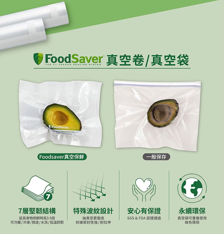FoodSaver 真空卷真空袋THE  VACUUM   FoodSaverFoodsaver真空保鮮一般保存77層堅韌結構特殊波紋設計安心有保證永續環保延長食物保鮮時長3-5倍可冷藏/冷凍/微波/水洗/低溫舒肥抽真空更徹底封邊密封性強/耐拉伸SGS & FDA 認證通過真空袋可重複使用綠色環保