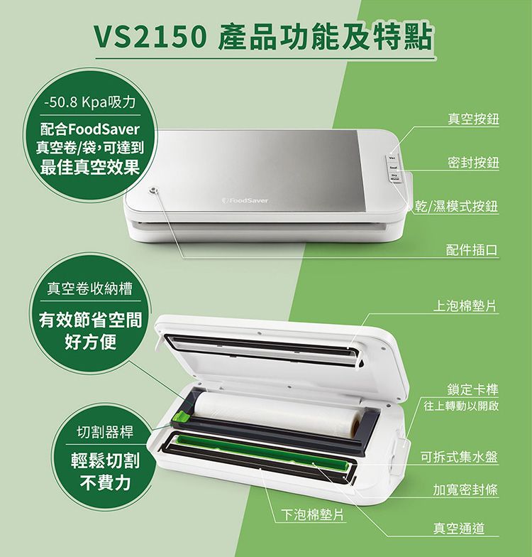 VS2150 產品功能及特點-50.8 Kpa吸力配合FoodSaver真空卷/袋,可達到最佳真空效果真空卷收納槽 有效節省空間好方便切割器桿輕鬆切割不費力真空按鈕密封按鈕FoodSaver乾/濕模式按鈕配件插口上泡棉鎖定卡榫往上轉動以開啟可拆式集水盤密封條 下泡棉墊片真空通道