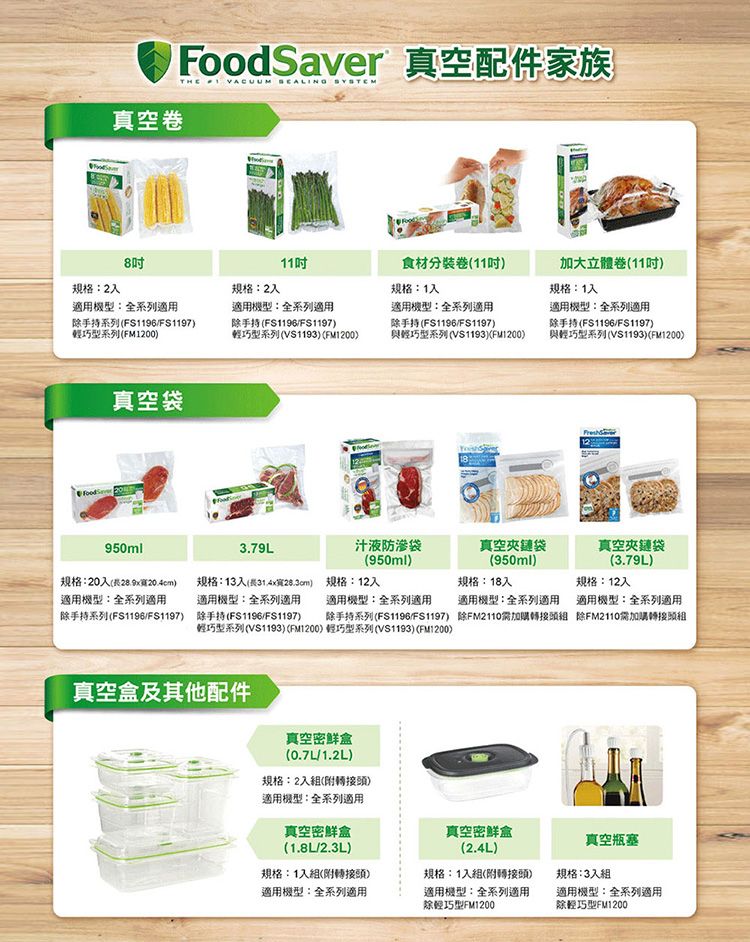 真空卷規格:28適用機型:全系列適用FoodSaver 真空配件家族THE VACUUM  規格:2適用機型:全系列適用食材分卷11加大立體卷(11吋规格:1適用機型:全系列適用規格:1入適用機型:全系列適用手持系列(FS1196/FS1197)輕巧型系列(FM1200)除手持(FS1196/FS1197)輕巧型系列(V1193)(FM1200)除手持(FS1196/FS1197)與輕巧型系列(VS1193)(FM1200)除手持(FS1196/FS1197)與輕巧型系列(V$1193)(FM1200)真空袋950ml3.79L汁液防滲袋規格:20入() 規格:13入()適用機型:全系列適用 適用機型:全系列適用 適用機型:全系列適用除手持系列(FS1196/FS1197) 除手持(FS1196/FS1197) 除手持系列(FS1196/FS1197)輕巧型系列(VS1193)(FM1200)輕巧型系列(VS1193)(FM1200)(950ml)規格:12入真空夾鏈袋(950ml)真空夾鏈袋規格:18入適用機型:全系列適用除FM2110加購轉接頭(3.79L)規格:12入適用機型:全系列適用除FM2110需加購轉接頭真空盒及其他配件真空密鮮盒(0.7L/1.2L)規格:2入組(附轉接頭)適用機型:全系列適用真空密鮮盒(1.8L/2.3L)真空密鮮盒(2.4L)真空瓶塞規格:1入組(附轉接頭)適用機型:全系列適用規格:1入組(附轉接頭)適用機型:全系列適用除輕巧型FM1200規格:3入組適用機型:全系列適用除輕巧型FM1200