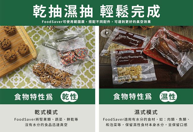 抽濕抽 輕鬆完成r可使用範圍廣,搭配不同配件,可達到更好的真空效果eFoodSav Happy 食物特性 乾性食物特性爲 濕性乾式模式濕式模式FoodSaver將堅果類、蔬菜、餅乾等沒有水分的食品迅速真空FoodSaver適用有水分的食材,如:肉類、魚類、和泡菜等,保留濕性食材本身水分,並保留口感