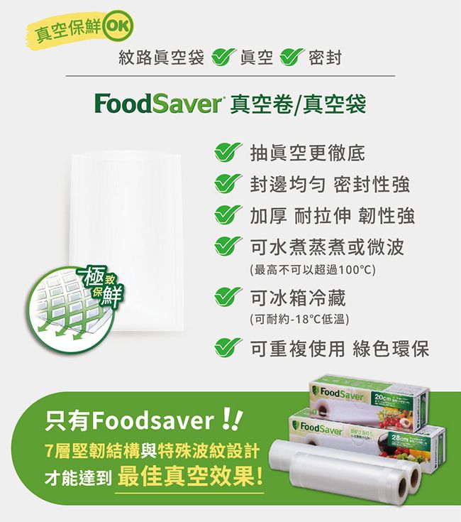 真空保鮮紋路眞空袋 眞空密封FoodSaver 真空卷/真空袋極致保鮮抽眞空更徹底封邊均匀 密封性加厚 耐拉伸 韌性強可水煮蒸煮或微波(最高不可以超過100)可冰箱冷藏(可耐約-18℃低溫)可重複使用 綠色環保只有Foodsaver !!7層堅韌結構與特殊波紋設計才能達到最佳真空效果!FoodSaver FoodSaver