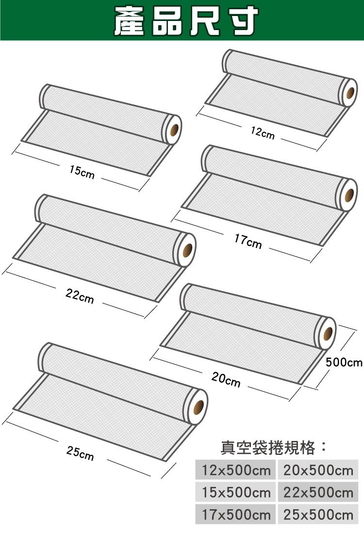 產品尺寸12cm15cm17cm22cm25cm500cm20cm真空袋捲規格:12x500cm20x500cm15x500cm 22x500cm17x500cm 25x500cm