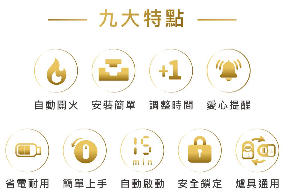 九大特點+1自動 安裝簡單 調整時間 愛心提醒min省電耐用 簡單上手 自動啟動 安全鎖定 爐具通用