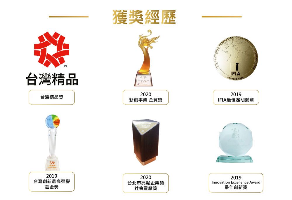 糕台灣精品台灣精品獎獲獎經歷2020 OF IFIA 2019新創事業 金質獎IFIA最佳發明勳章201920202019台灣創新最高榮譽鉑金獎台北市亮點企業獎Innovation Excellence Award社會貢獻獎最佳創新獎