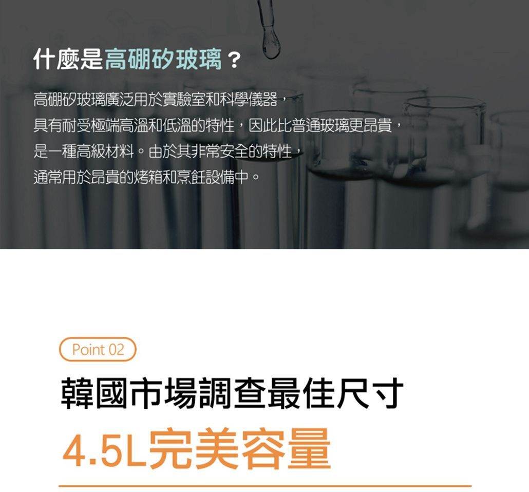 什麼是高硼矽玻璃?高硼矽玻璃廣泛用於實驗室和科學儀器具有耐受極端高溫和低溫的特性,因此普通玻璃更昂貴,是一種高級材料。由於其非常安全的特性,通常用於昂貴的烤箱和烹飪設備中。Point 02韓國市場調查最佳尺寸4.5L完美容量
