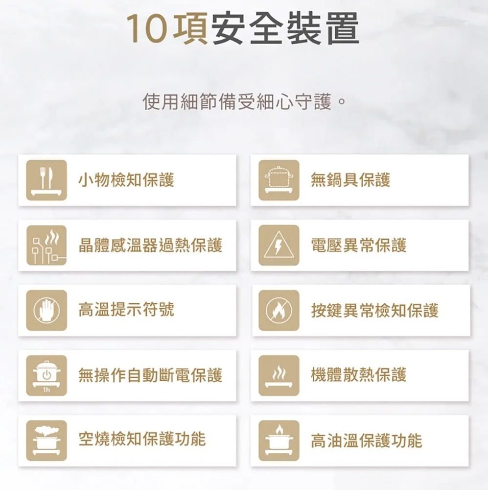 10項安全裝置使用細節備受細心守護。 小物檢知保護無鍋具保護晶體感溫器過熱保護電壓異常保護提示符號按鍵異常檢知保護 無操作自動斷電保護機體散熱保護空燒檢知保護功能高油溫保護功能