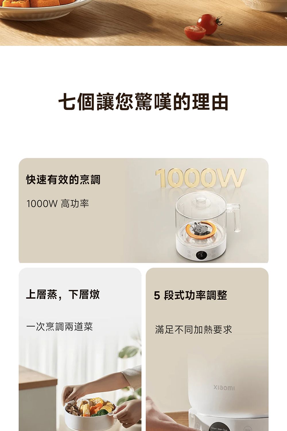 七個讓您驚嘆的理由快速有效的烹調1000W1000W 高功率上層蒸,下層燉5段式功率調整一次烹調兩道菜滿足不同加熱要求