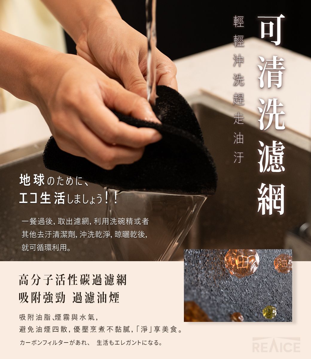 地球のために生活!!餐過後,取出,利用洗碗精或者其他去汙清潔劑,乾淨,晾曬乾後,就循環利用高分子活性碳過濾網吸附強勁 過濾油煙吸附油脂､煙霧與水氣,可清洗沖洗濾網避免油煙四散,優壓烹煮不黏膩,「淨」享美食。一、生活。