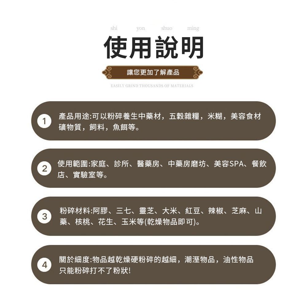 shiyonshuoming使用說明讓您更加了解產品EASILY GRIND THOUSANDS OF MATERIALS1產品用途:可以粉碎養生中藥材,五穀雜糧,米糊,美容食材礦物質,飼料,魚餌等。2使用範圍:家庭、診所、醫藥房、中藥房磨坊、美容SPA、餐飲店、實驗室等。3粉碎材料:阿膠、三七、靈芝、大米、紅豆、辣椒、芝麻、山藥、核桃、花生、玉米等(乾燥物品即可)。關於細度:物品越乾燥硬粉碎的越細,潮溼物品,油性物品4只能粉碎打不了粉狀!