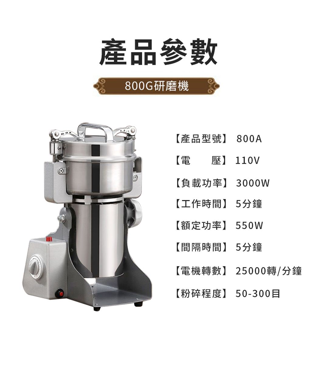 產品參數800G研磨機【產品型號】 800A【電 壓】 110V【負載功率】 3000W【工作時間】 5分鐘【額定功率】 550W【間隔時間】 5分鐘【電機轉數】 25000轉/分鐘【粉碎程度】 50-300目