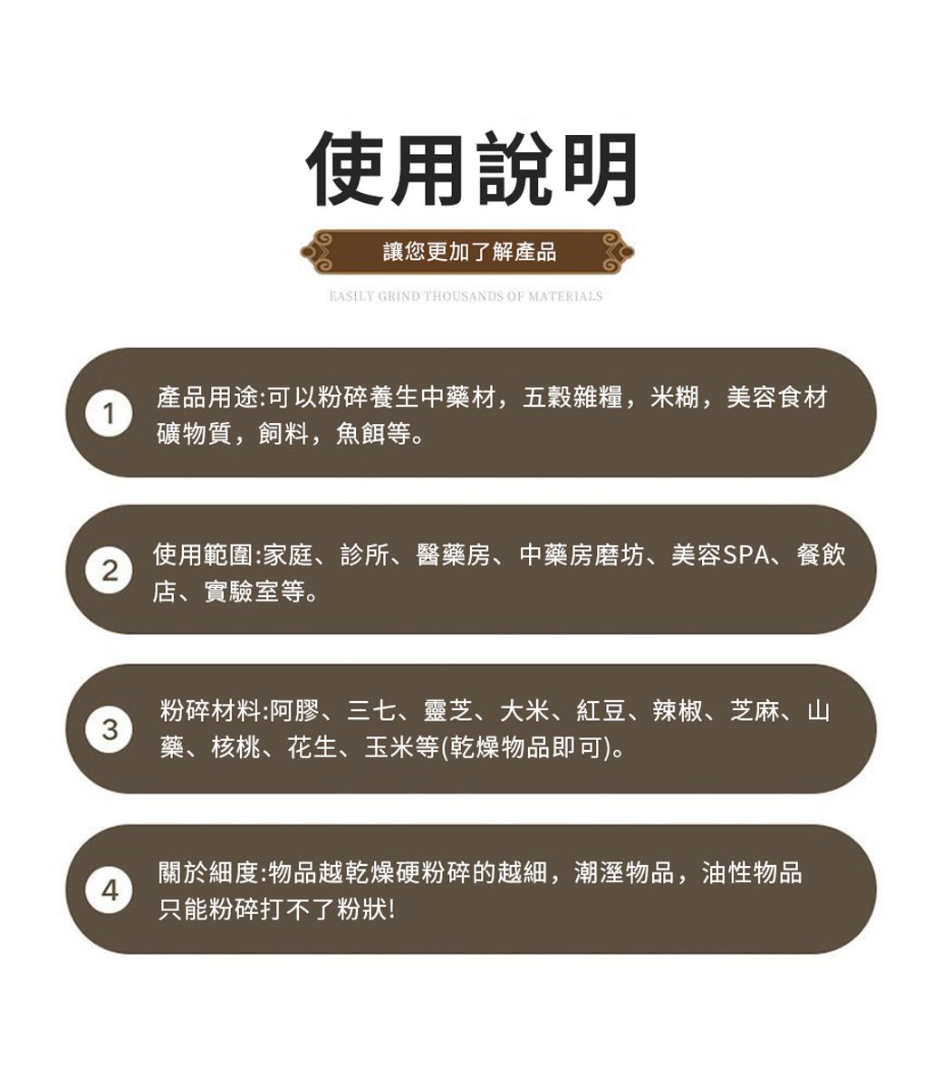 使用說明讓您更加了解產品 GRIND THOUSANDS OF MATERIALS1產品用途:可以粉碎養生中藥材,五穀雜糧,米糊,美容食材礦物質,飼料,魚餌等。2使用範圍:家庭、診所、醫藥房、中藥房磨坊、美容SPA、餐飲店、實驗室等。3粉碎材料:阿膠、三七、靈芝、大米、紅豆、辣椒、芝麻、山藥、核桃、花生、玉米等(乾燥物品即可)。關於細度:物品越乾燥硬粉碎的越細,潮溼物品,油性物品4只能粉碎打不了粉狀!