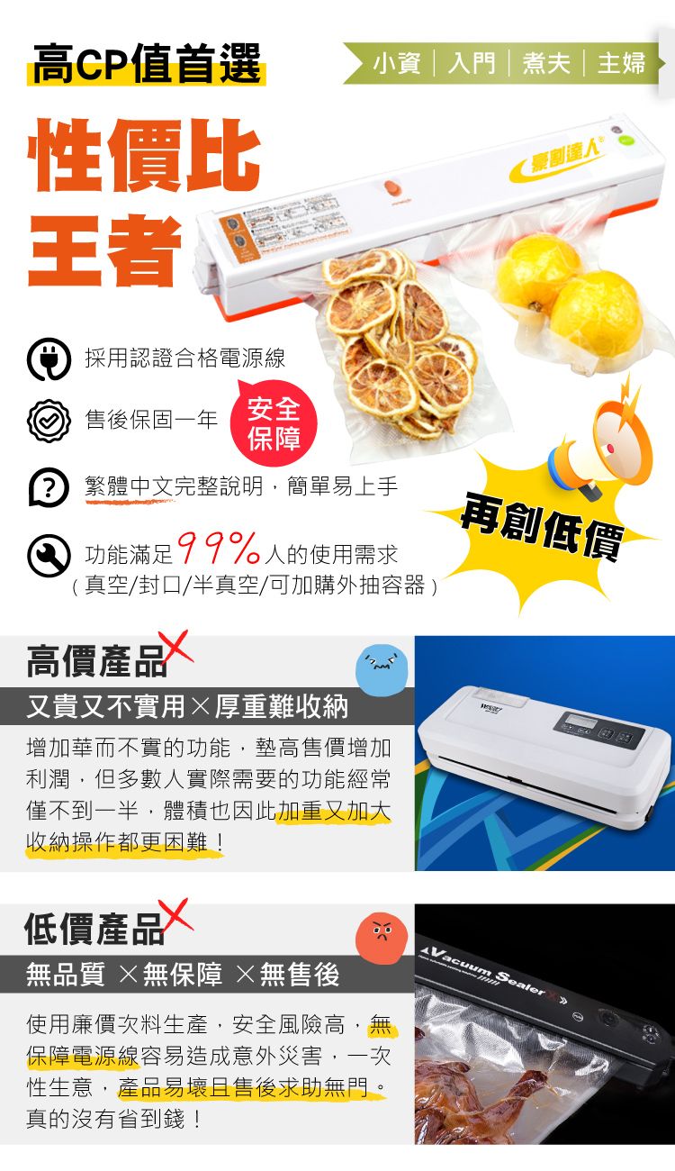 高CP值首選  入門  煮夫主婦性價比割人王者採用認證合格電源線售後保固一年安全保障 繁體中文完整說明,簡單易上手再創低價功能滿足99%人的使用需求(真空/封口/半真空/可加購外抽容器)高價產品又貴又不實用厚重難收納增加華而不實的功能,墊高售價增加利潤,但多數人實際需要的功能經常僅不到一半,體積也因此加重又加大收納操作都更困難!低價產品無品質 無保障 無售後使用廉價次料生產,安全風險高,無保障電源線容易造成意外災害,一次性生意,產品易壞且售後求助無門。真的沒有省到錢!Vacuum
