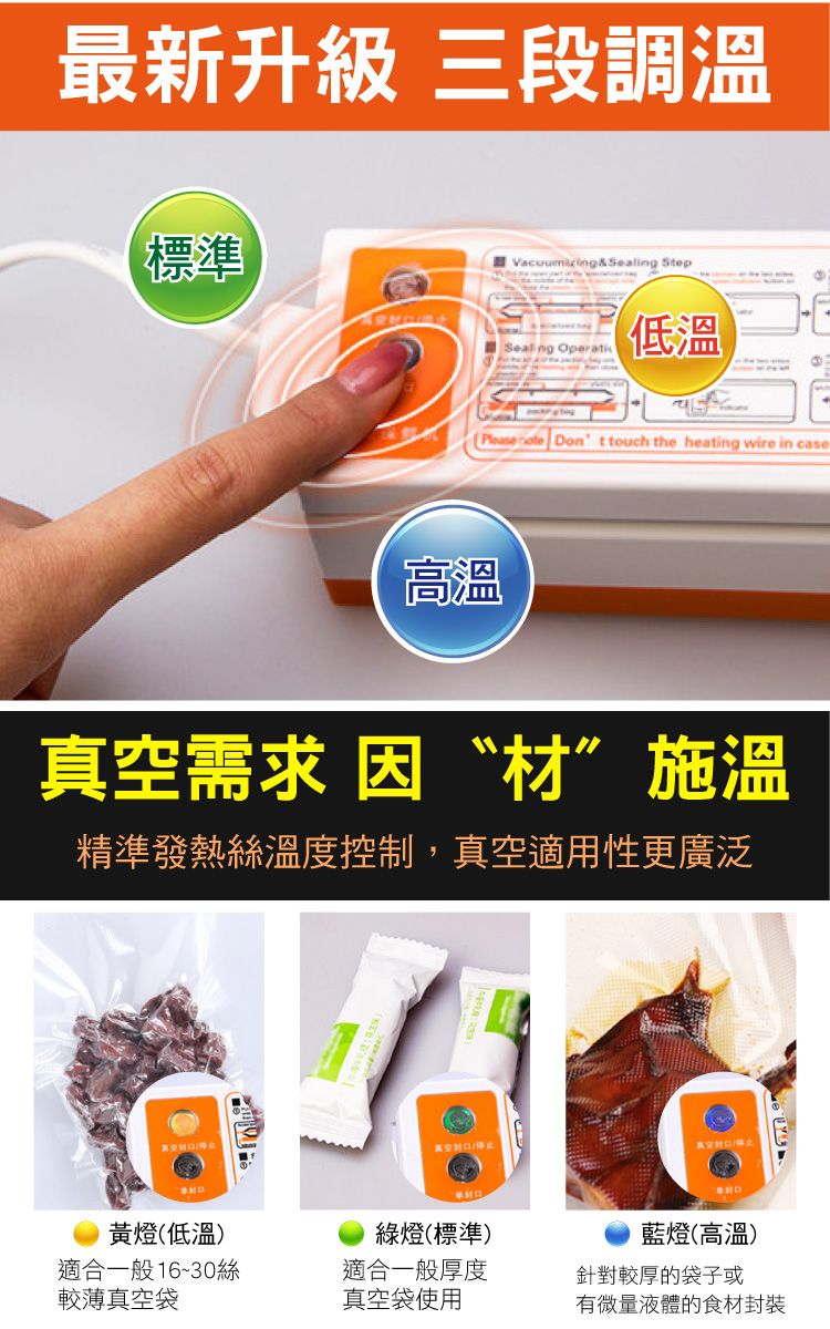 最新升級 三段調溫標準Sealing StepSeal ng Operati低溫Please  Don t touch the heating wire in case高溫需求 因材”施溫精準發熱絲溫度控制,真空適用性更廣泛真空真空真空停止黃燈(低溫)綠燈(標準)藍燈(高溫)適合一般16~30絲較薄真空袋適合一般厚度針對較厚的袋子或真空袋使用有微量液體的食材封裝