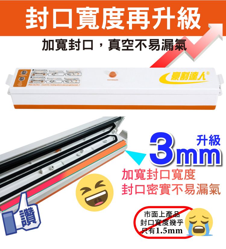 封口寬度再升級加寬封口,真空不易漏氣割達人「讚3mm加寬封口寬度封口密實不易漏氣市面上產品封口寬度幾乎只有1.5mm