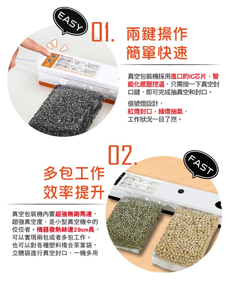 EASY兩鍵操作簡單快速真空包裝機採用進口的IC芯片,智能化感壓控溫,只需按一下真空封口鍵,即可完成抽真空和封口。信號燈設計,紅燈封口,綠燈抽氣,工作狀況一目了然。多包工作效率提升真空包裝機內置超強無刷馬達,超強真空度,是小型真空機中的佼佼者。機器發熱絲達29cm長,可以實現兩包或者多包工作。也可以對各種塑料複合茶葉袋,立體袋進行真空封口,一機多用02.FAST