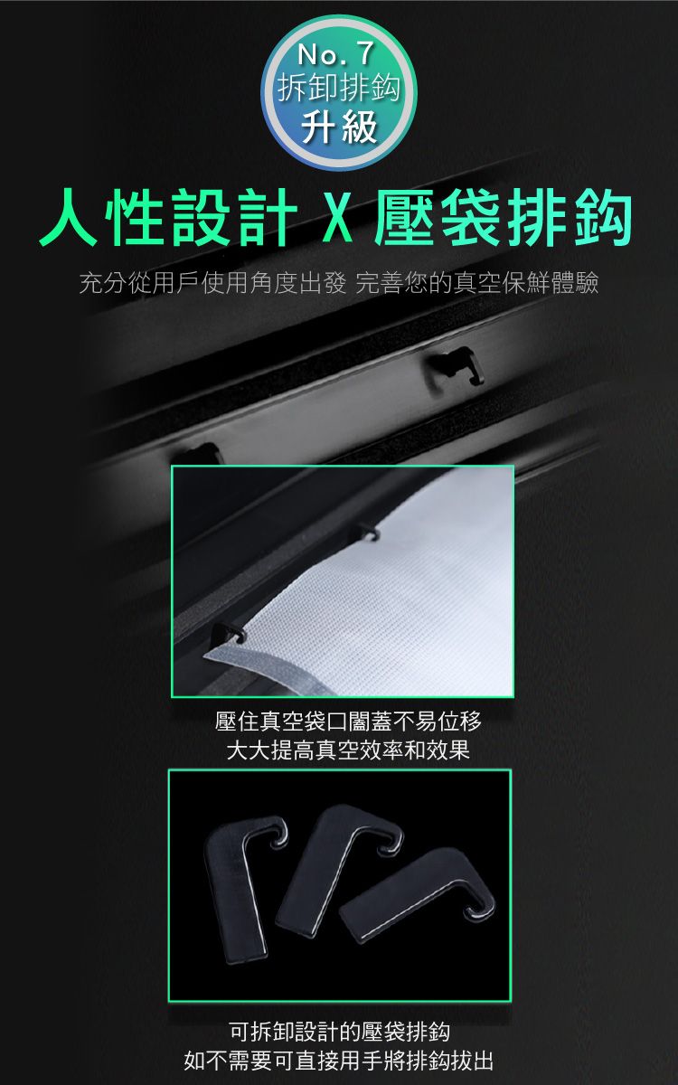 No.7拆卸排鈎升級人性設計X壓袋排鈎充分從用戶使用角度出發 完善您的真空保鮮體驗壓住真空袋口闔蓋不易位移大大提高真空效率和效果可拆卸設計的壓袋排鈎如不需要可直接用手將排鈎拔出