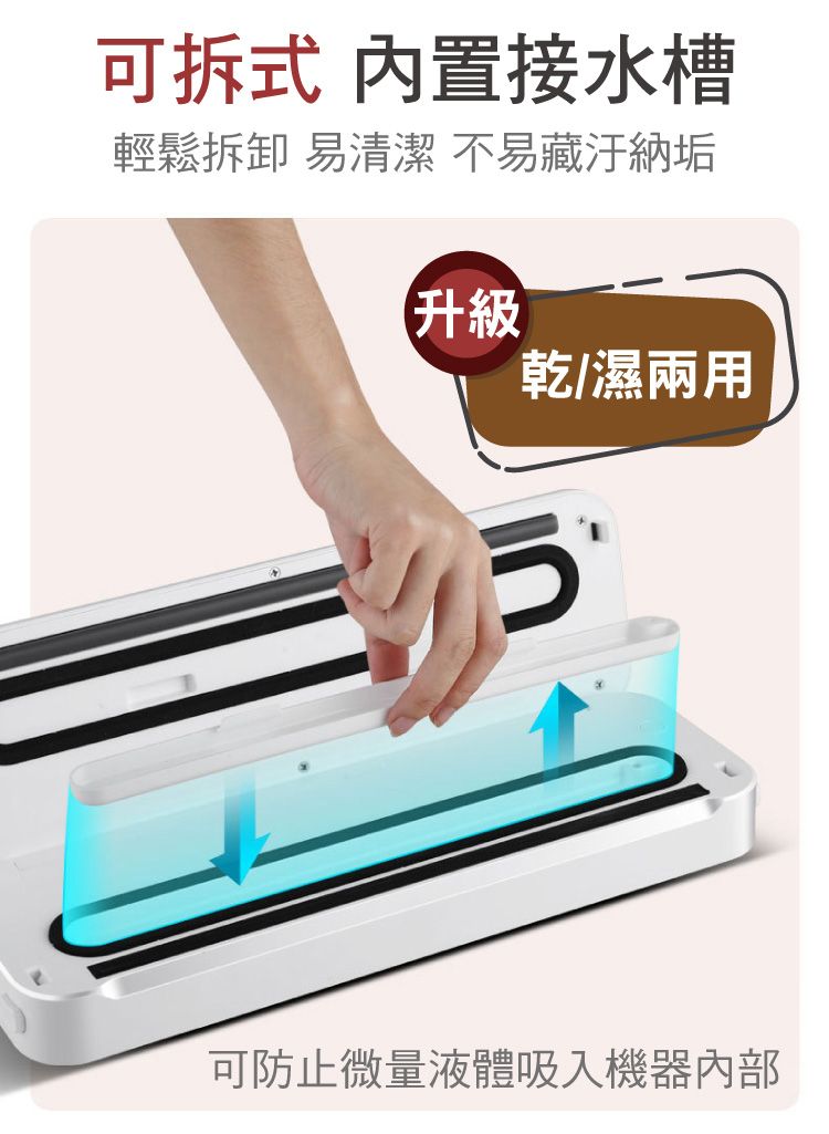 可拆式 內置接水槽輕鬆拆卸 易清潔不易藏汙納垢升級乾/濕兩用う可防止微量液體吸入機器內部