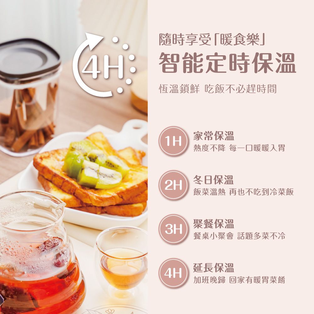 隨時享受暖食樂」智能定時保溫4H恆溫鎖鮮 吃飯不必趕時間家常保溫1H熱度不降 每一口暖暖入胃冬日保溫2H飯菜溫熱 再也不吃到冷菜飯 聚餐保溫餐桌小聚會 話題多菜不冷4H延長保溫加班 回家有暖胃菜餚