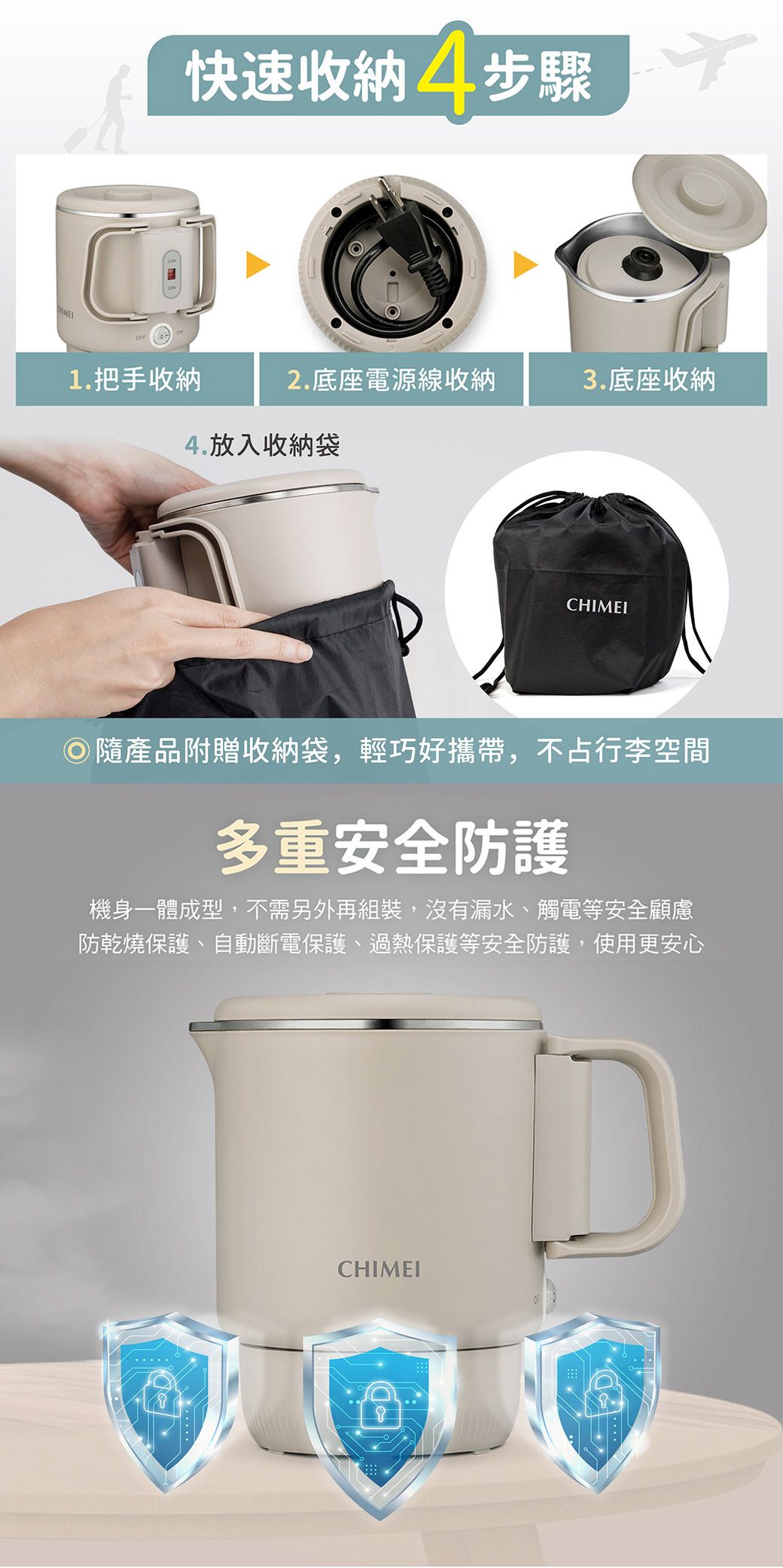 OFF快速收納4步驟1. 把手收納2.底座電源線收納3.底座收納4.放入收納袋CHIMEI◎隨產品附贈收納袋,輕巧好攜帶,不占行李空間多重安全防護機身一體成型,不需另外再組裝,沒有漏水、觸電等安全顧慮防乾燒保護、自動斷電保護、過熱保護等安全防護,使用更安心CHIMEI