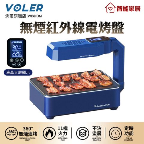 燒烤爐【沃爾VOLER】家用無煙電烤盤 紅外線恆溫定時電烤爐 LDC液晶顯示不粘鍋烤肉機