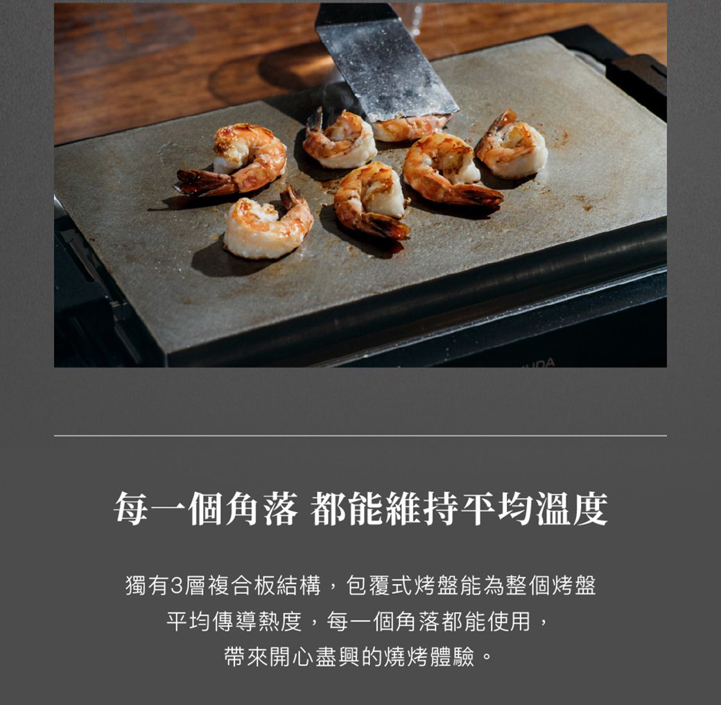 每一個角落 都能維持平均溫度獨有3層複合板結構,包覆式烤盤能為整個烤盤平均傳導熱度,每一個角落都能使用,帶來開心盡興的燒烤體驗。