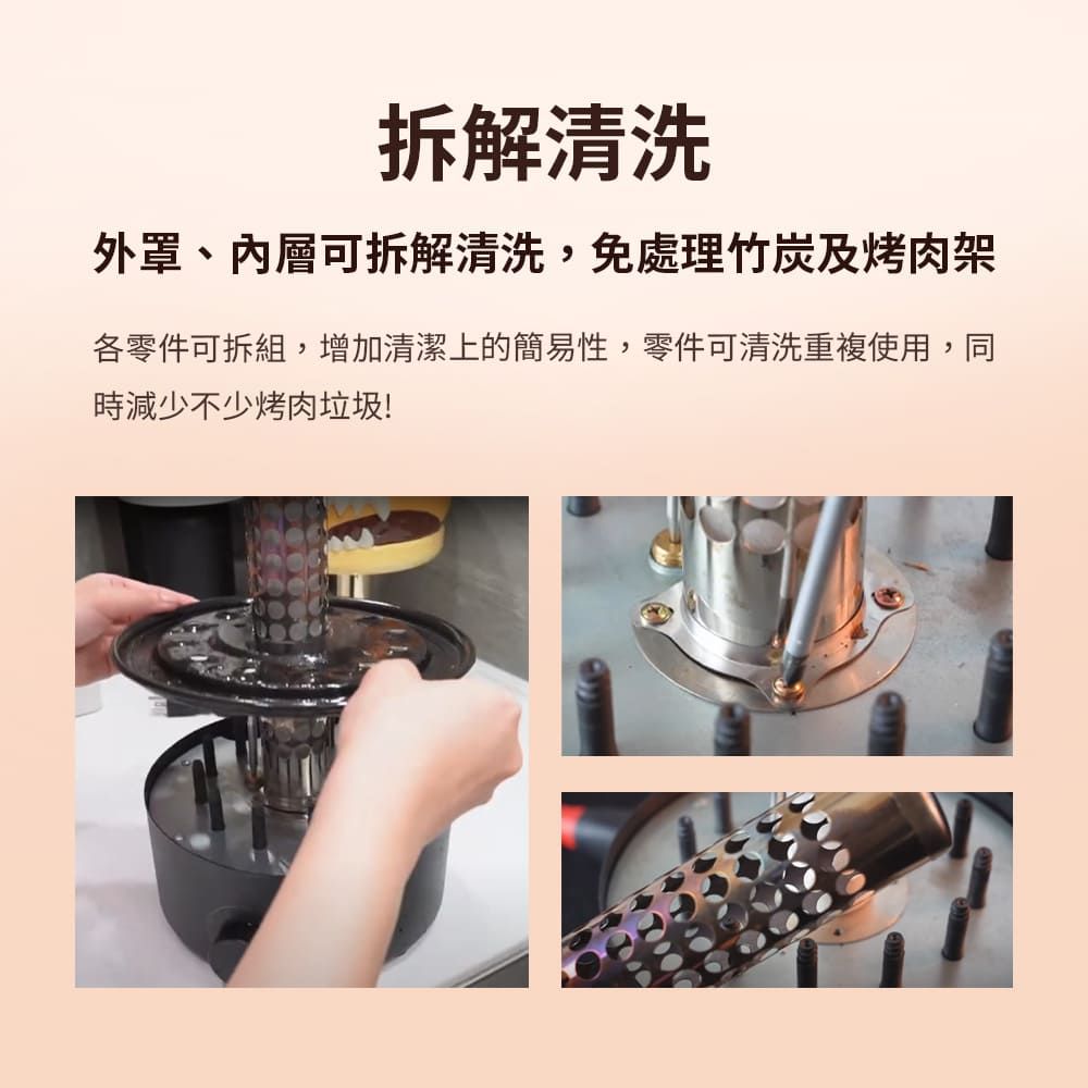 拆解清洗外罩、可拆解清洗,免處理竹炭及烤肉架各零件可拆組,增加清潔上的簡易性,零件可清洗重複使用,同時減少不少烤肉垃圾!