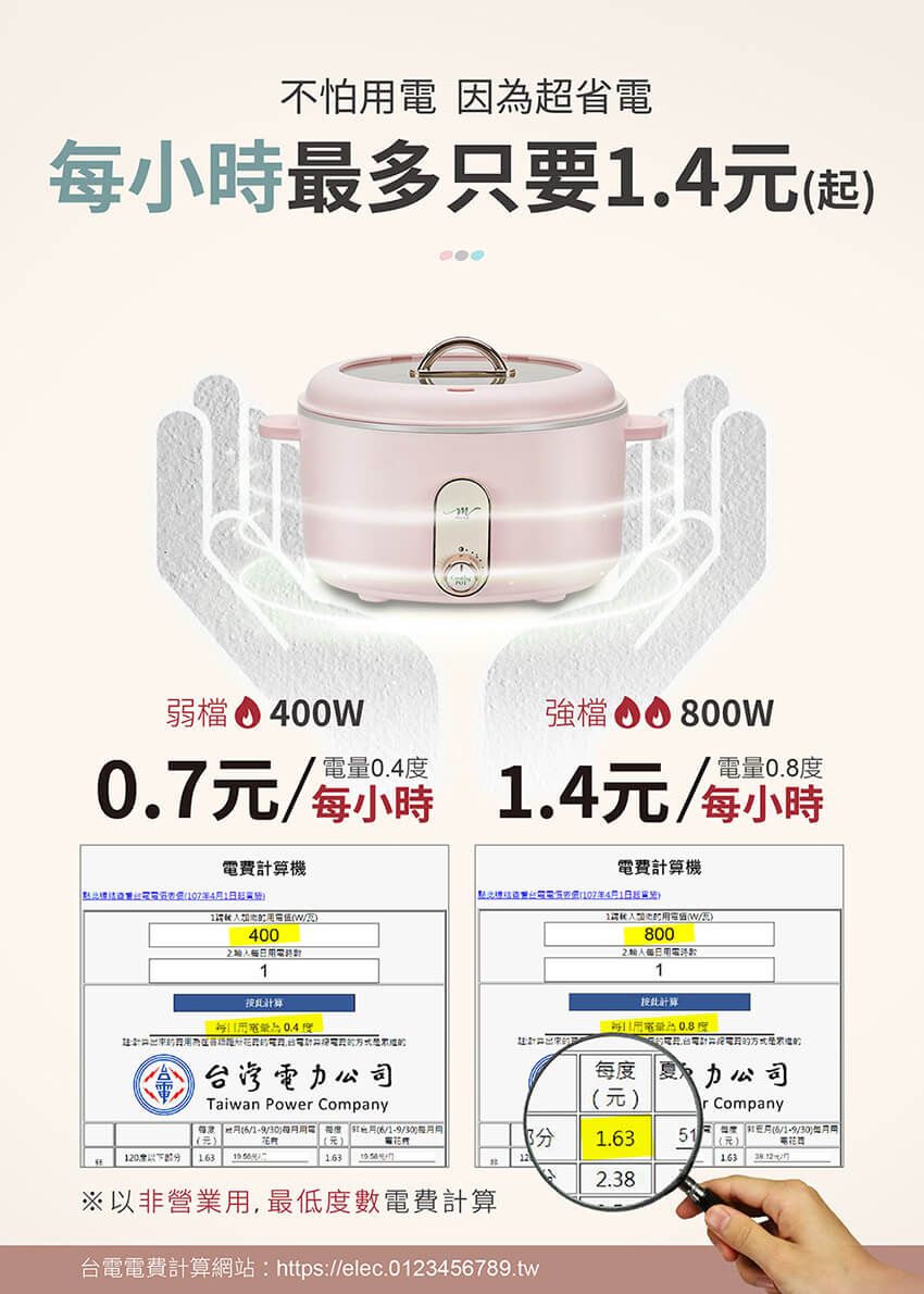 不怕 因超省小時最多只要.元弱 400  800w0.7元.4元小時費機電費計算機4電年4起1W1W/800400電1計算1按此為台灣公司每 夏公司Taiwan Power Company元)r Company每 //0)每 (//月(元)31.351 度 月(6/1-9/30)用120度 163 163電花163 2.38※以非營業用,最低度數電費計算台電電費計算網站: https://elec.0123456789.tw