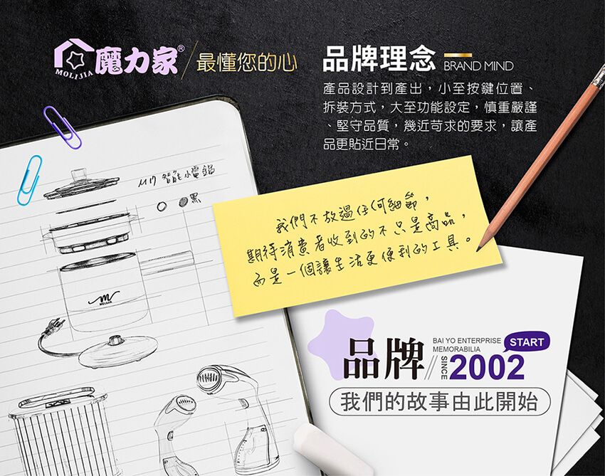 最懂您的心 品牌理念BRAND MIND產品設計到產出小至按鍵位置拆裝方式,大至功能設定,慎重嚴謹、堅守品質,幾近苛求的要求,讓產品更貼近日常。小電我們不放過細節,期待消費者收到的不只是,而是一個讓生活更便利的工具BAI YO ENTERPRISE STARTMEMORABILIA品牌 2002我們的故事由此開始