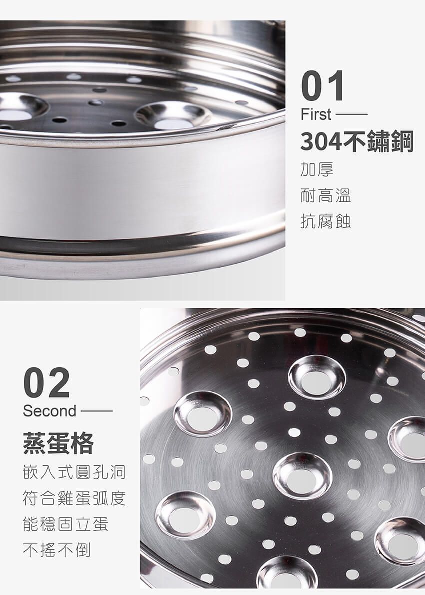 02Second -蒸蛋格嵌入式圓孔洞符合雞蛋弧度能穩固立蛋不搖不倒01First304不鏽鋼加厚耐高溫抗腐蝕