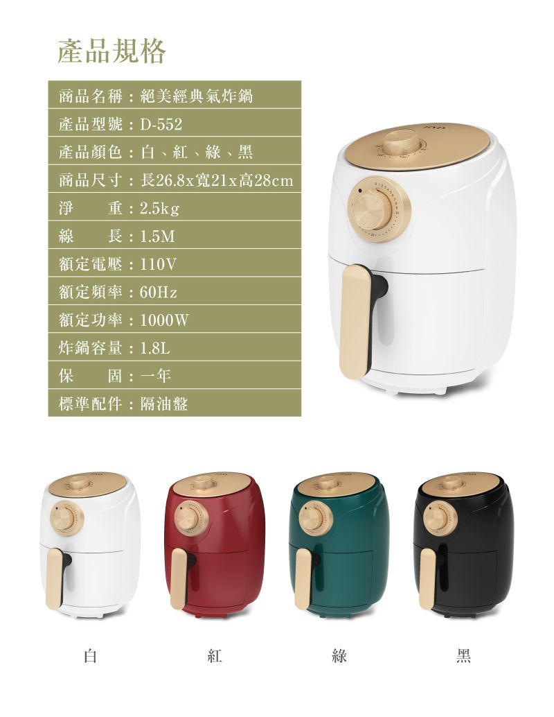產品規格商品名稱:絕美經典氣炸鍋產品型號:D-552產品顏色:白、紅、綠、黑商品尺寸:長26.8x21x高28cm淨 重:2.5kg線 長:1.5M額定電壓:110V額定頻率:60Hz額定功率:1000W炸鍋容量:1.8L保 固:一年標準配件:隔油盤紅綠黑
