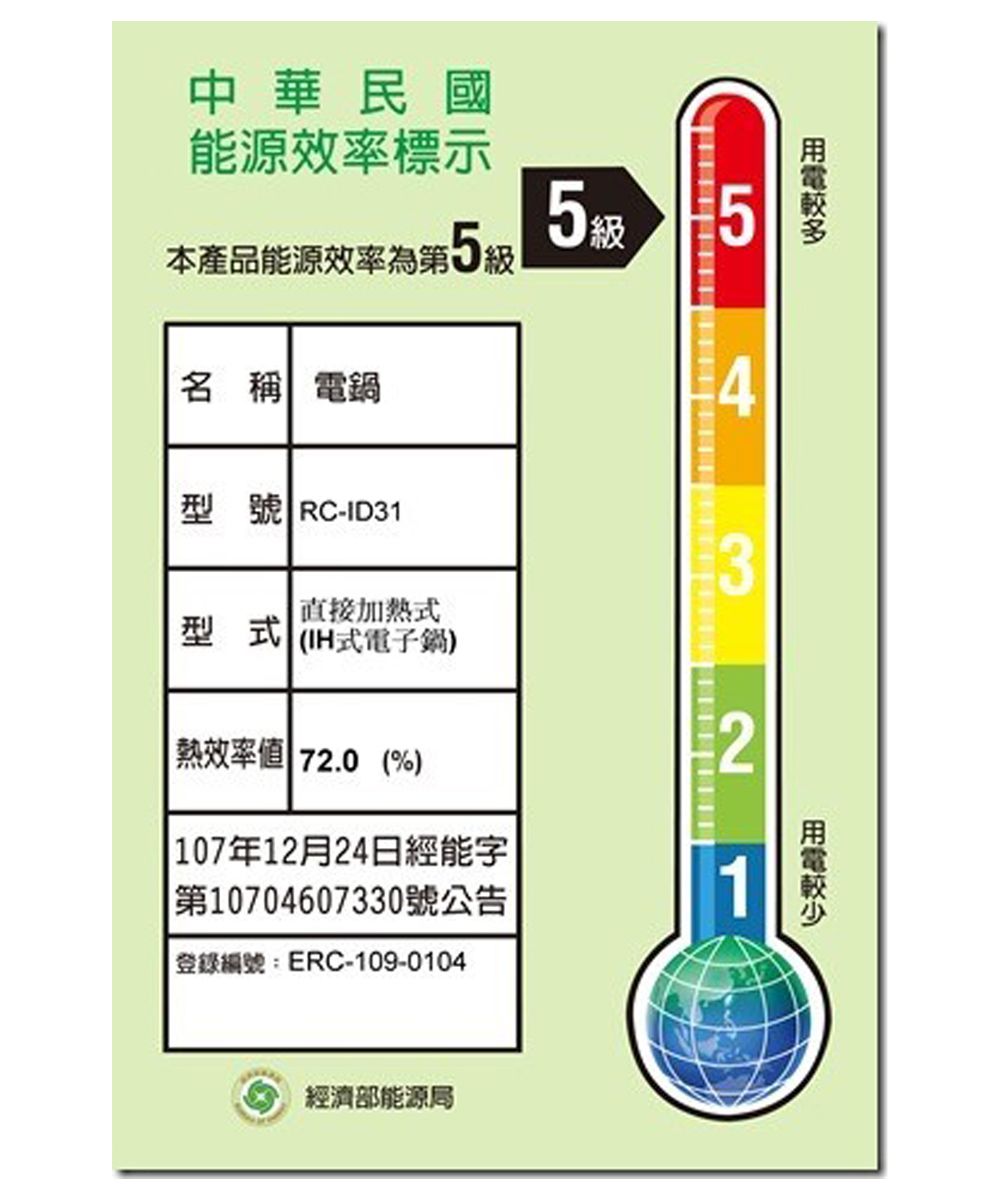 中華民國能源標示本產品能源效率第級5級5名 稱 電鍋4型號 RC-ID31直接加熱式型式 (IH式電子鍋)3熱效率 72.0(%)2 107年12月24日經能字| 第10704607330號公告登錄編號:ERC-109-01041經濟部能源局