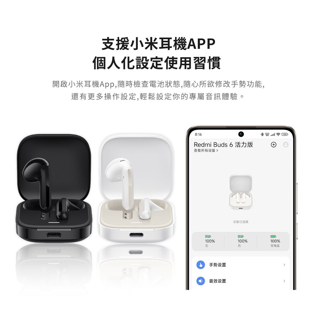 支援小米耳機APP個人化設定使用習慣開啟小米耳機App,隨時檢查電池狀態,隨心所欲修改手勢功能,還有更多操作設定,輕鬆設定你的專屬音訊體驗。8:16Redmi Buds 6 活力版查看所有设备设备已连接100%100%100%左右充电盒手势设置音效设置