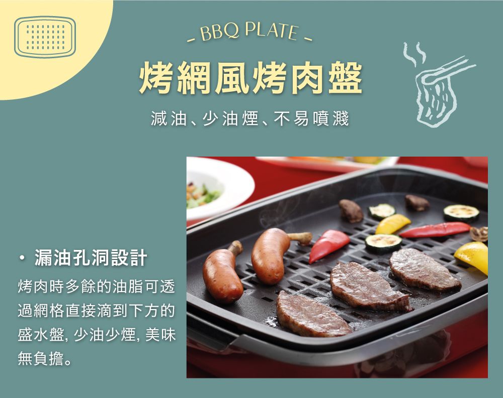 BBQ PLATE 烤網風烤肉盤減油、少油、不易噴濺漏油孔洞設計烤肉時多餘的油脂可透過網格直接滴到下方的盛水盤, 少油少煙, 美味無負擔。