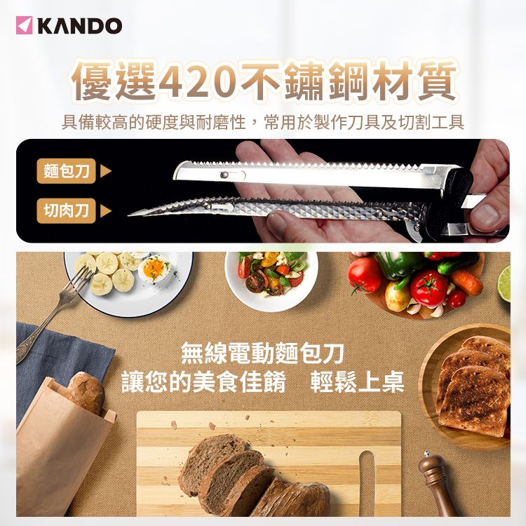 KANDO優選420不鏽鋼材質具備較高的硬度與耐磨性,常用於製作刀具及切割工具麵包刀切肉刀無線電動麵包刀讓您的美食佳餚 輕鬆上桌