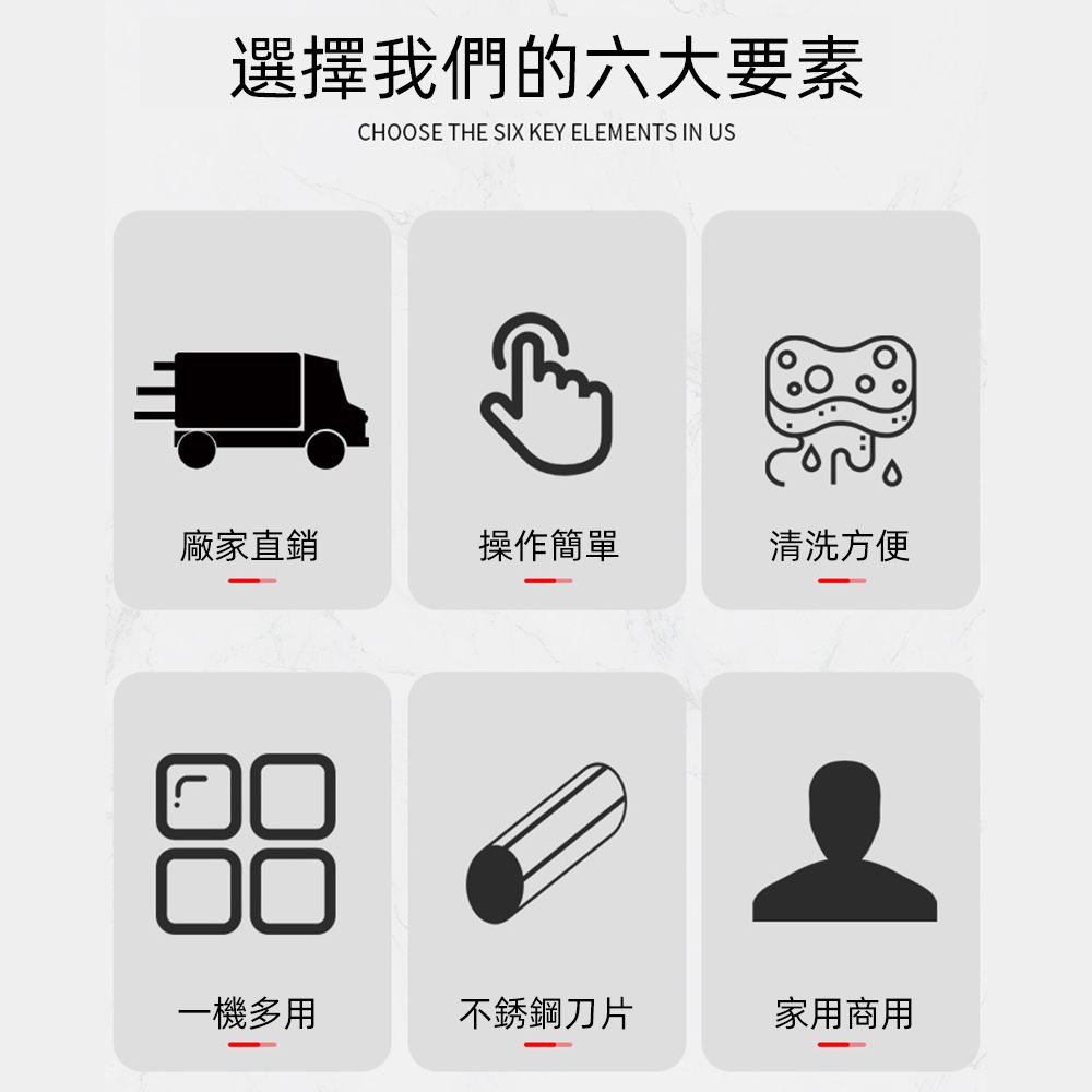 選擇我們的六大要素CHOOSE THE SIX KEY ELEMENTS IN US廠家直銷操作簡單清洗方便一機多用不銹鋼刀片家用商用-