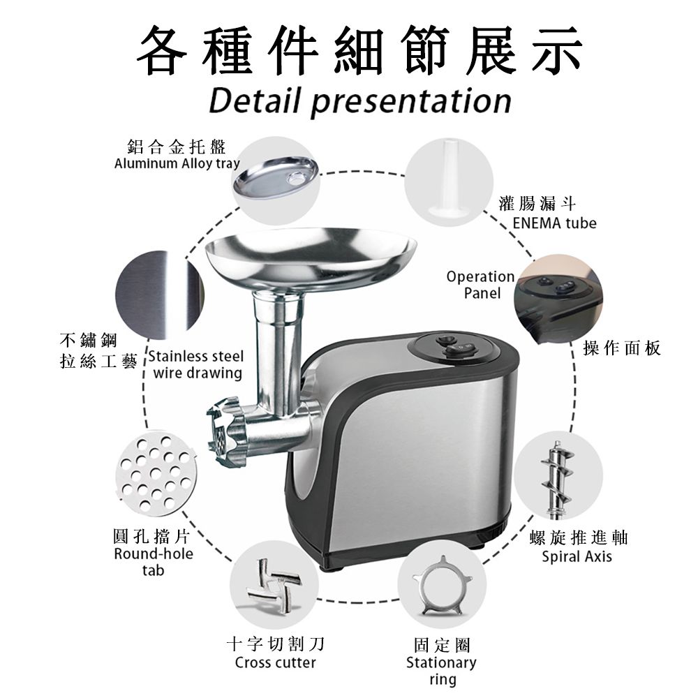 各種件細節展示Detal presentation鋁合金托盤Aluminum Alloy tray不鏽鋼拉絲工藝 Stainless steeli wire drawing圓孔擋片Round-holetab十字切割刀Cross cutter灌腸漏斗ENEMA tubeOperationPanel固定圈Stationaryring操作面板螺旋推進軸Spiral Axis