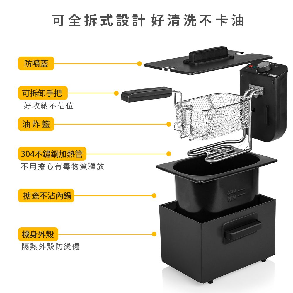 可全拆式設計 好清洗不卡油防噴蓋可拆卸手把好收納不佔位油炸籃304不鏽鋼加熱管不用擔心有毒物質釋放搪瓷不沾鍋機身外殼隔熱外殼防燙傷