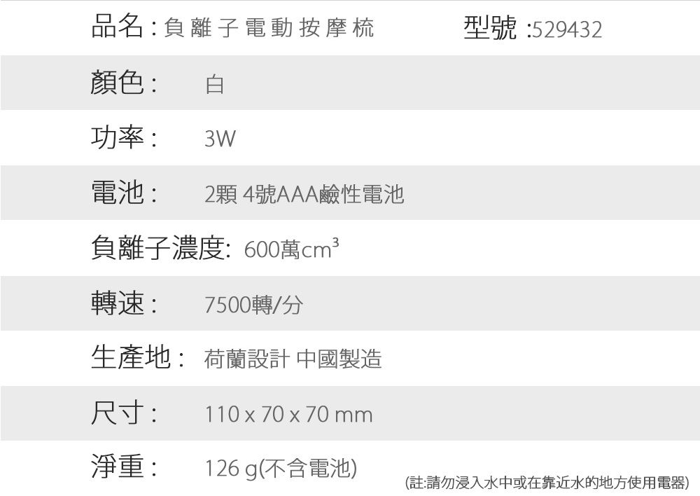 品名:負離子電動按摩梳型號:529432顏色:功率: 3W電池: 2顆4號AAA鹼性電池負離子濃度:600萬轉速:7500轉/分生產地: 荷蘭設計 中國製造尺寸:110 x 70x70mm淨重:126 g(不含電池)(註:請勿浸入水中或在靠近水的地方使用電器)