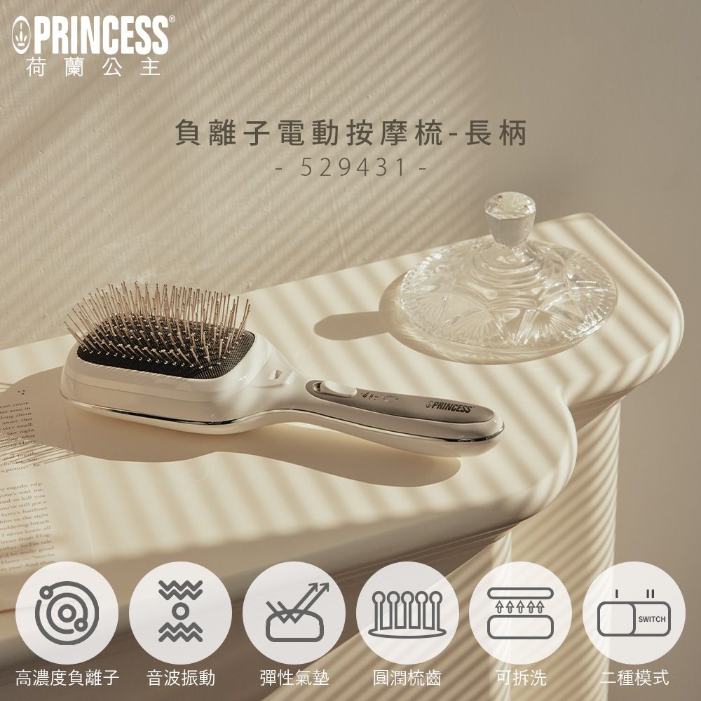 PRINCESS荷蘭公主負離子電動按摩梳-長柄529431PRINCESSSWITCH高濃度負離子 音波振動彈性氣墊 圓潤梳齒可拆洗二種模式