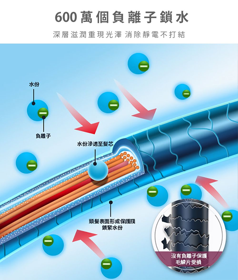 水份600萬個負離子鎖水深層滋潤重現光澤 消除靜電不打結負離子水份滲透至芯頭髮表面形成保護膜鎖緊水份沒有負離子保護毛鱗片受損