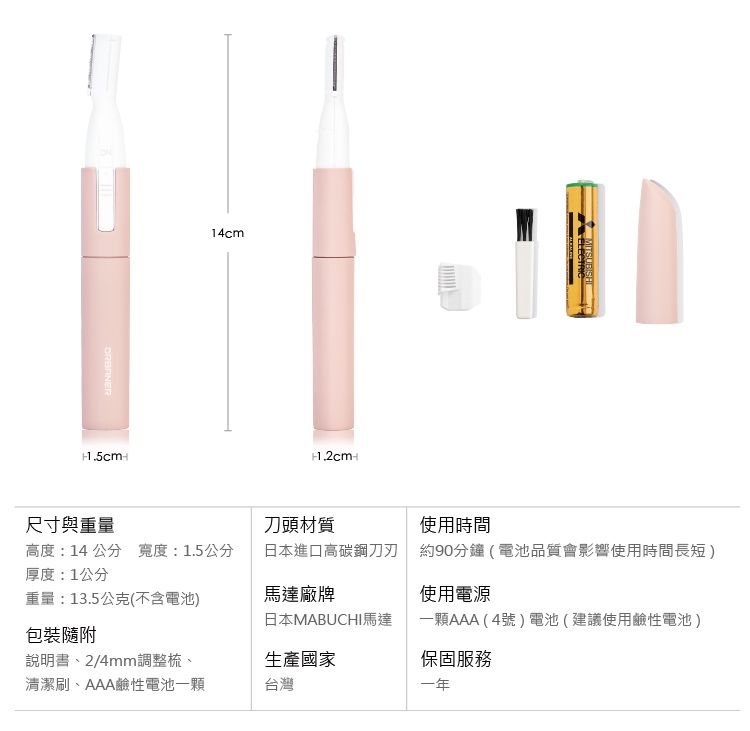 14cm1.2cm尺寸與重量刀頭材質使用時間高度:14 公分 寬度:1.5公分厚度:1公分日本進口高碳鋼刀刃約90分鐘(電池品質會影響使用時間長短)重量:13.5公克(不含電池)馬達廠牌使用電源日本MABUCHI馬達一顆AAA(4號)電池(建議使用鹼性電池)包裝隨附說明書、2/4mm調整梳、清潔刷、AAA鹼性電池一顆生產國家台灣保固服務一年