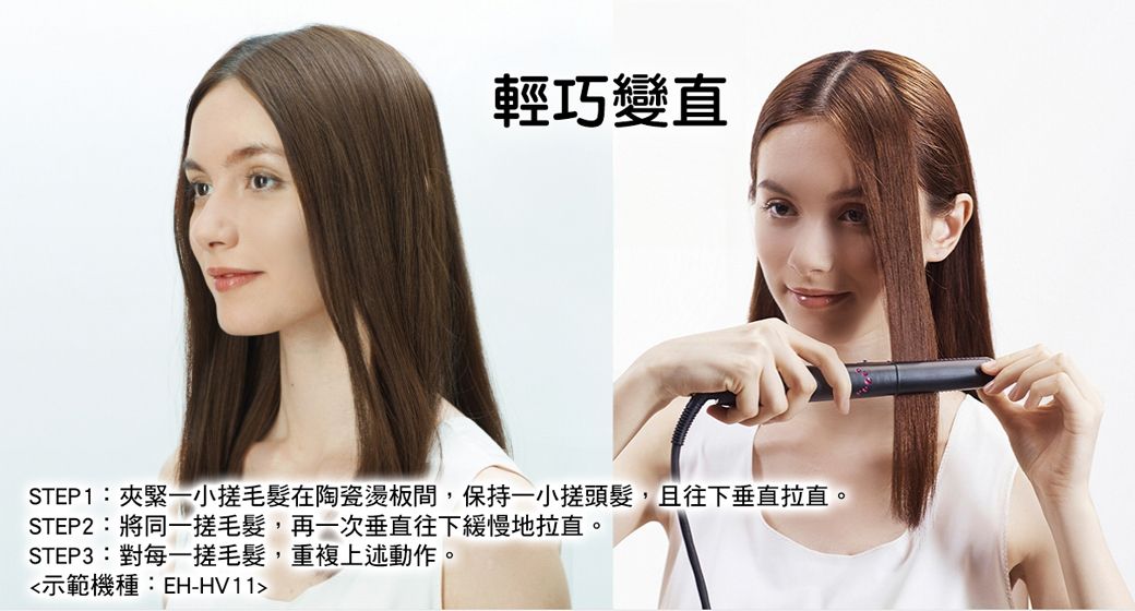 輕巧變直STEP1:夾緊一小毛髮在陶瓷板間保持一小搓頭髮,且往下垂直拉直。STEP2:將同一搓毛髮,再一次垂直往下緩慢地拉直。STEP3:對每一搓毛髮,重複上述動作,示範機種:EH-HV11