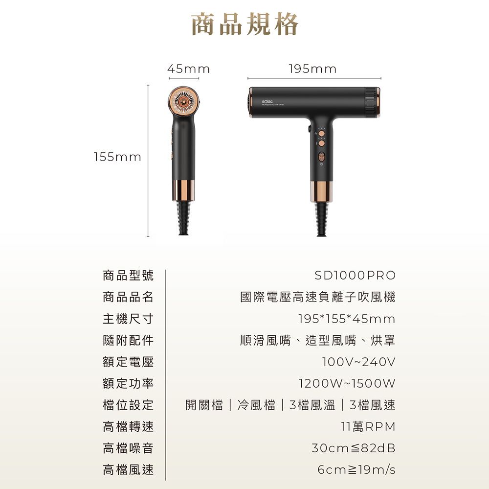 sOlac  SD-1000Pro 白金色 國際電壓專業負離子吹風機 自動變壓 無刷馬達 T型吹風機 輕巧輕量吹風機