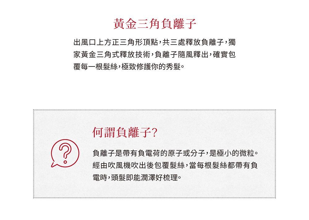 黃金三角負離子出風口上方正三角形頂點,共三處釋放負離子,獨家黃金三角式釋放技術,負離子隨風釋出,確實包覆每一根髮絲,極致修護你的秀髮。何謂負離子?負離子是帶有負電荷的原子或分子,是極小的微粒。經由吹風機吹出後包覆髮絲,當每根髮絲都帶有負電時,頭髮即能潤澤好梳理。