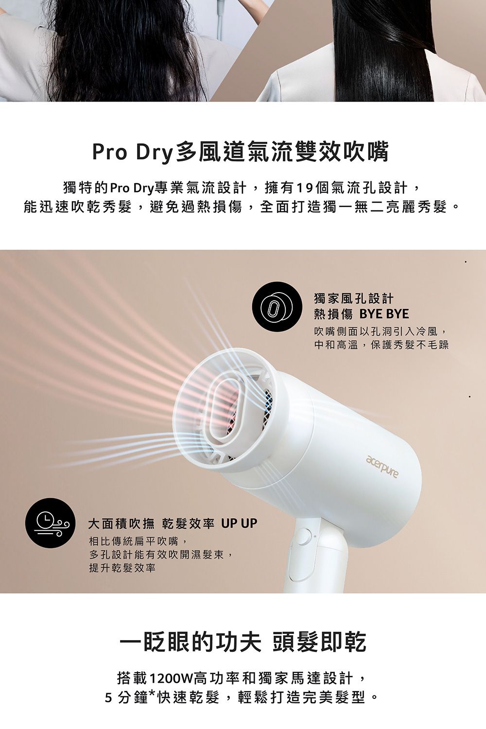 Pro Dry多風道氣流雙效吹嘴獨特的 Pro Dry專業氣流設計,擁有19個氣流孔設計,能迅速吹乾秀髮,避免過熱損傷,全面打造獨一無二亮麗秀髮。大面積吹撫 乾髮效率 UPUP相比傳統扁平吹嘴,多孔設計能有效吹開濕髮束,提升乾髮效率獨家風孔設計熱損傷 BYE BYE吹嘴側面以孔洞引入冷風,中和高溫,保護秀髮不毛躁acerpure一眨眼的功夫 頭髮即乾搭載1200W高功率和獨家馬達設計,5分鐘*快速乾髮,輕鬆打造完美髮型。