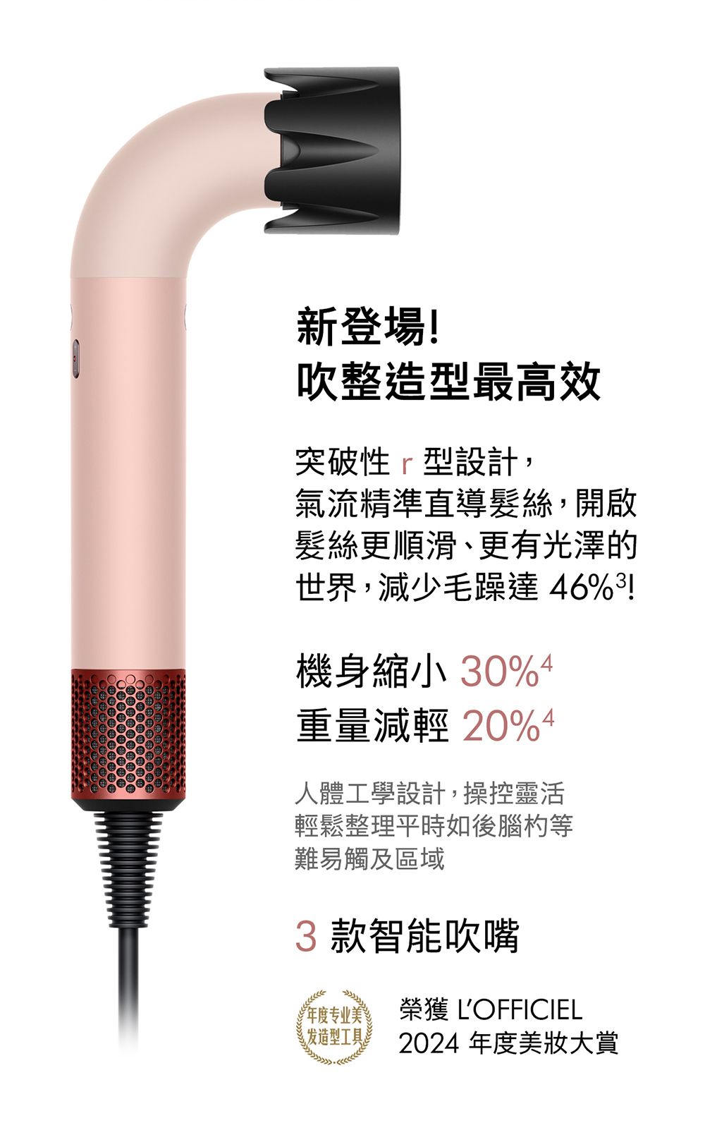 新登場!吹整造型最高效突破性型設計,氣流精準直導髮絲,開啟髮絲更順滑、更有光澤的世界,減少毛躁達6%!機身縮小 30% 4重量減輕20%4人體工學設計,操控靈活輕鬆整理平時如後腦杓等難易觸及區域3款智能吹嘴年度专业美榮獲 发造型工具2024 年度美妝大賞